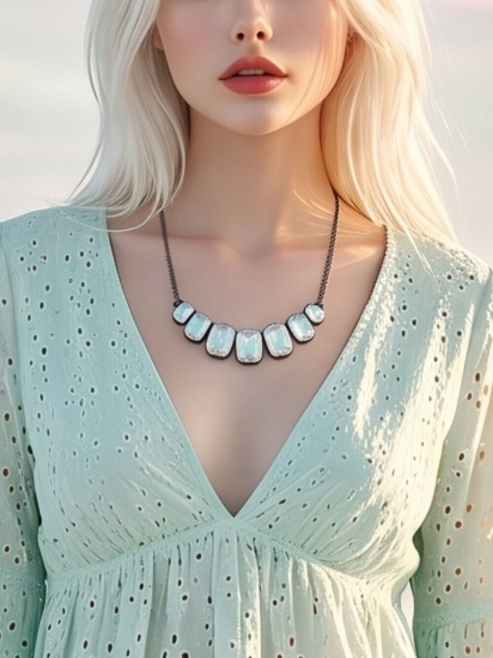 Vintage Sweet Lola White Glowing Seafoam Gemstone Bronze Chain Necklace